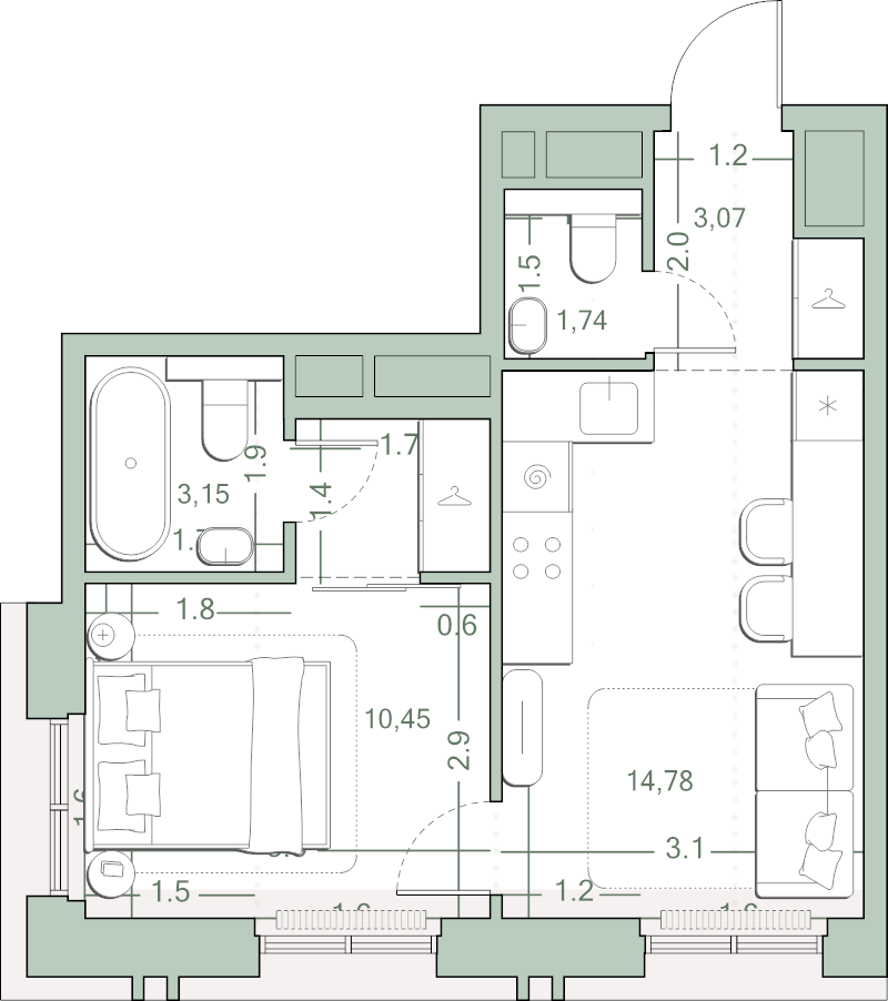 1 ккв 35,5 м²