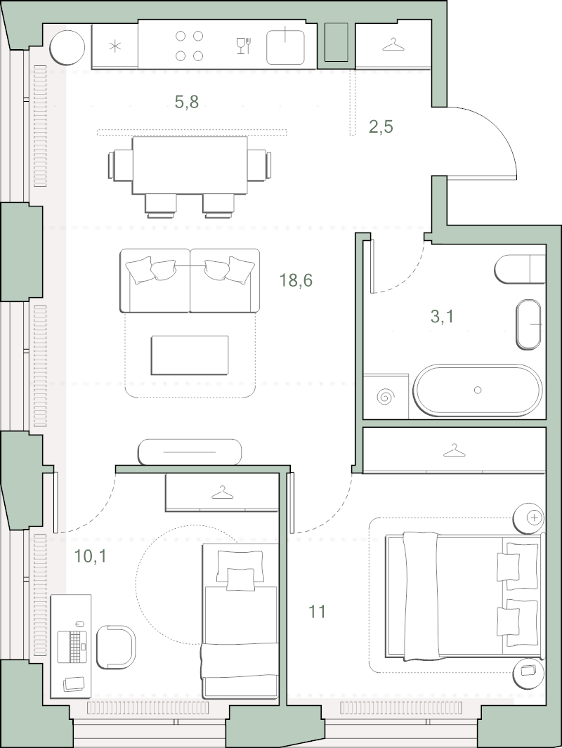 3 ккв (Евро) 55 м²