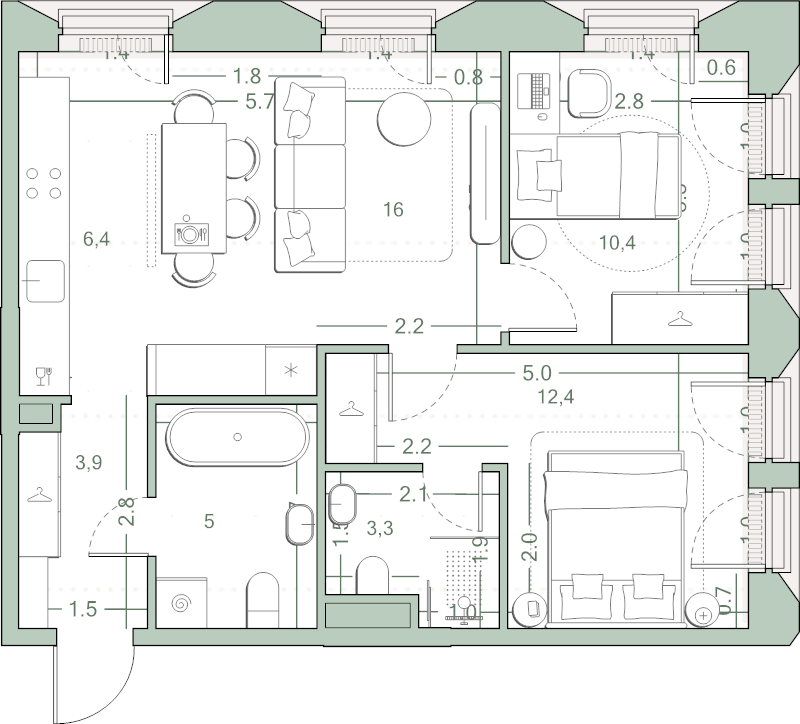 3 ккв (Евро) 57,4 м²