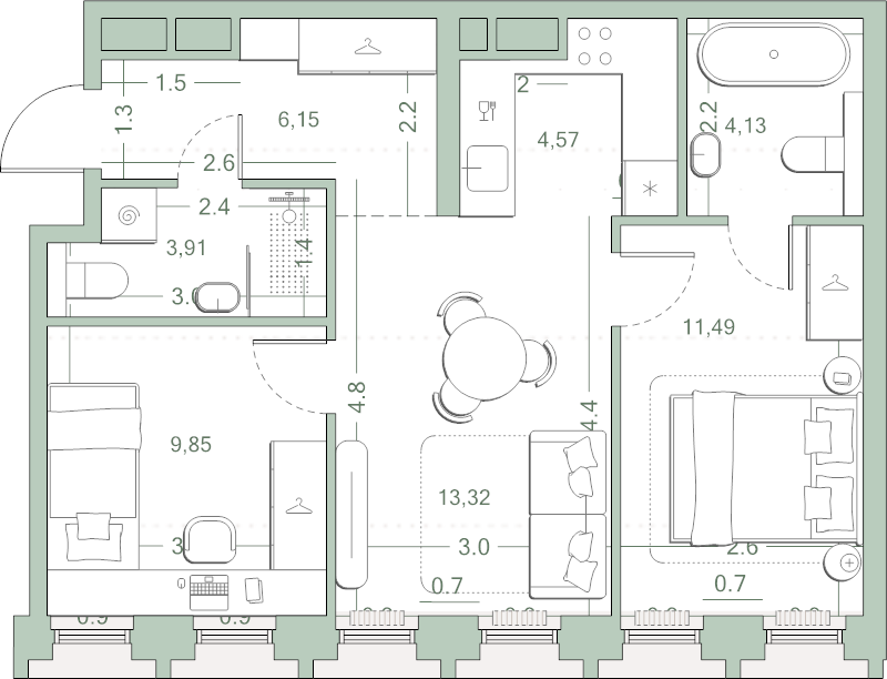 3 ккв (Евро) 53,4 м²