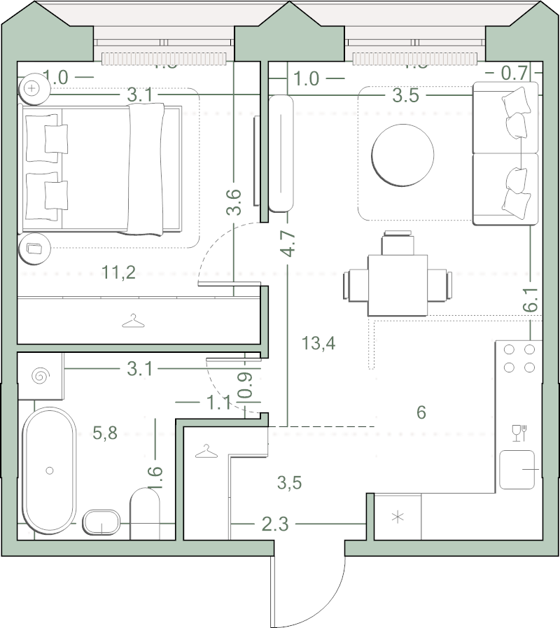 2 ккв (Евро) 39,9 м²