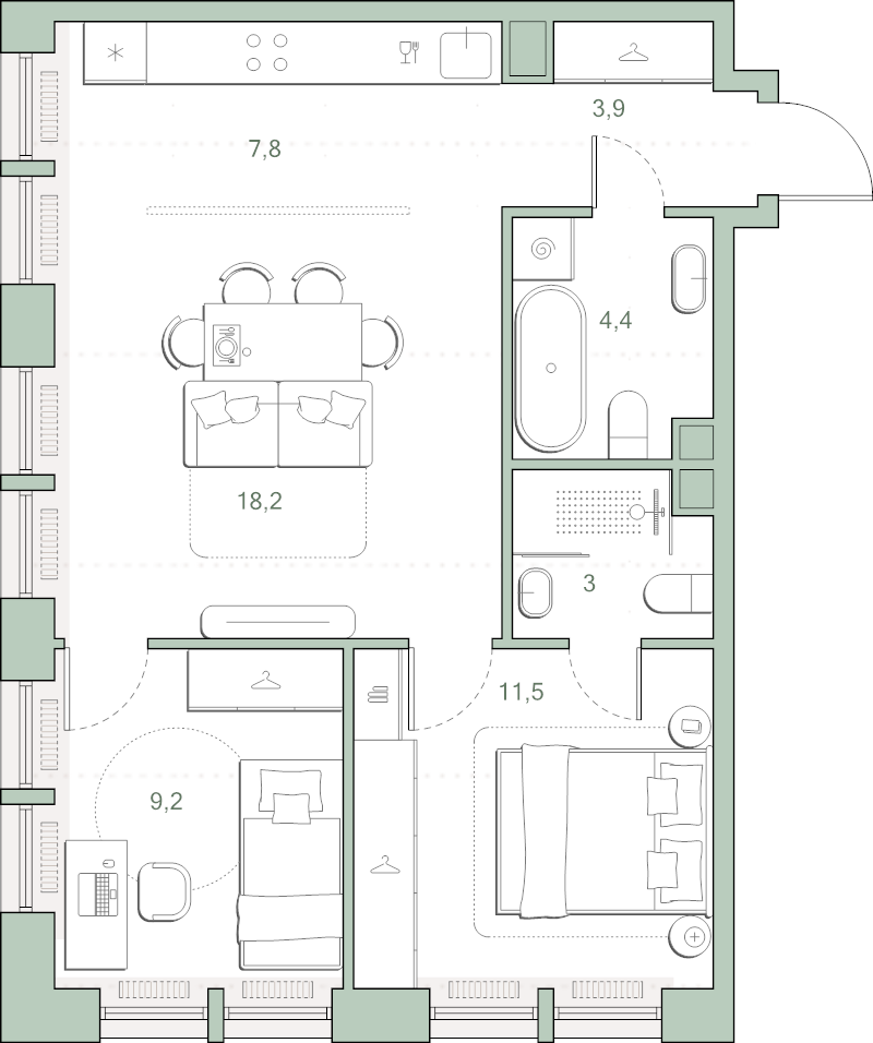 3 ккв (Евро) 58 м²