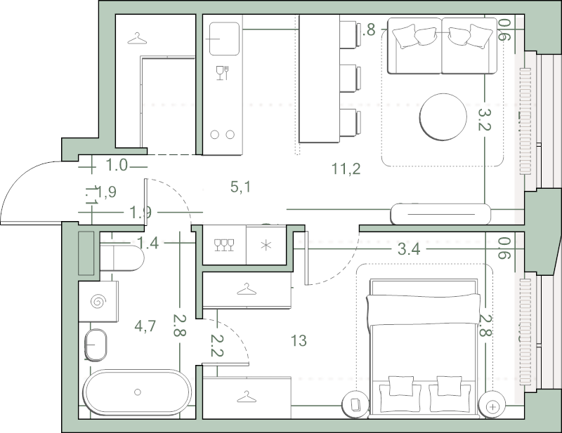 2 ккв (Евро) 38,4 м²