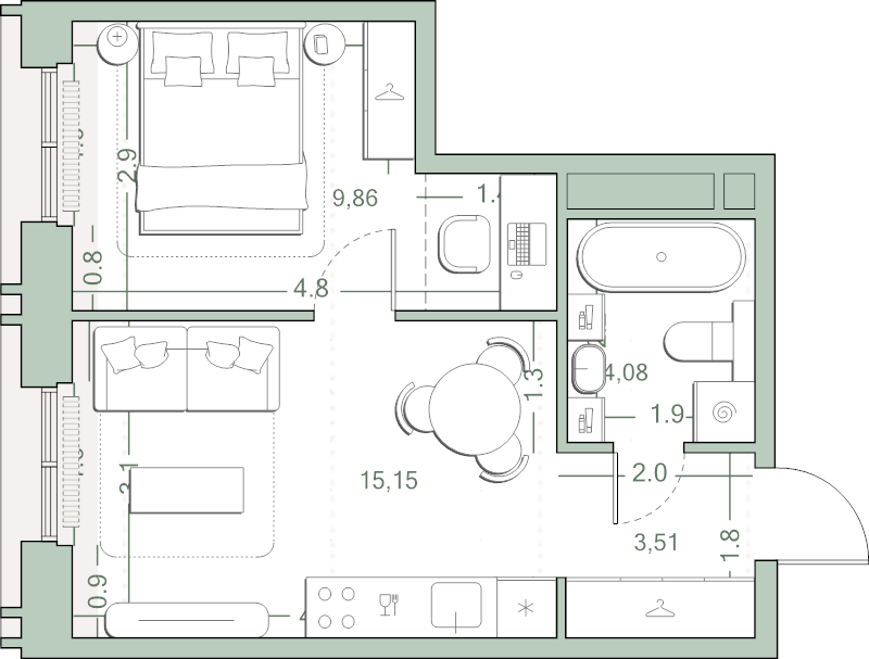 2 ккв (Евро) 34,5 м²