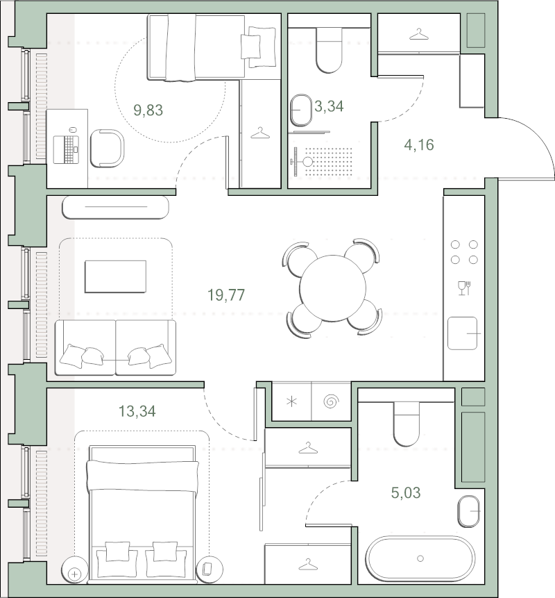 3 ккв (Евро) 55,5 м²