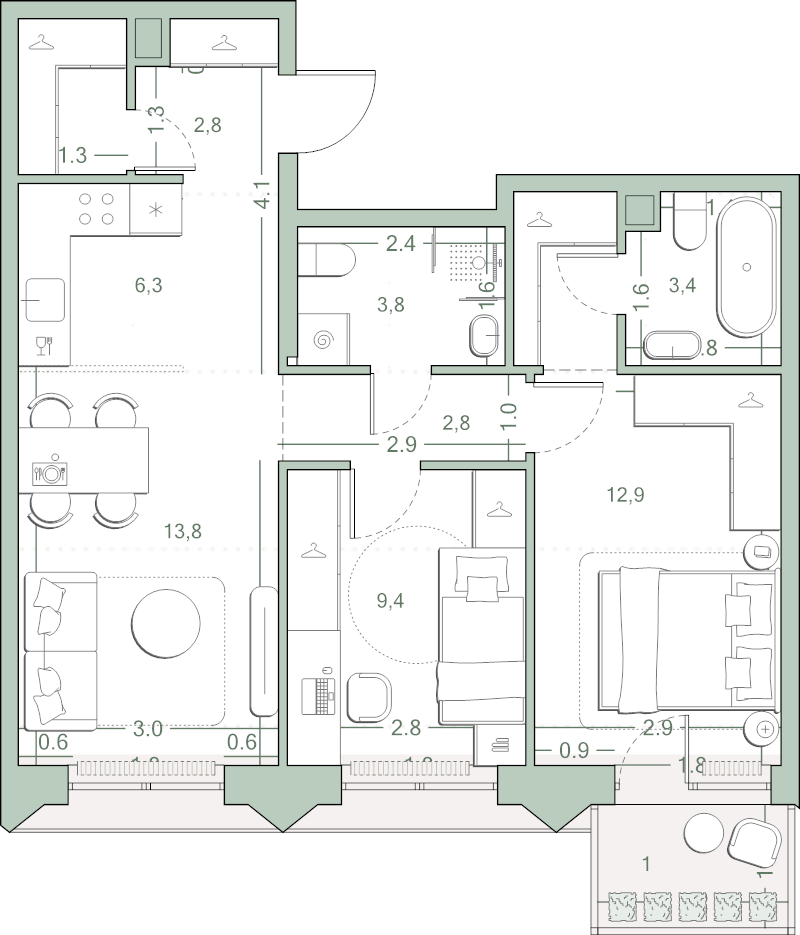 3 ккв (Евро) 60,9 м²