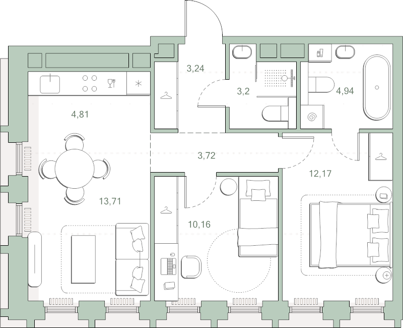 3 ккв (Евро) 56 м²