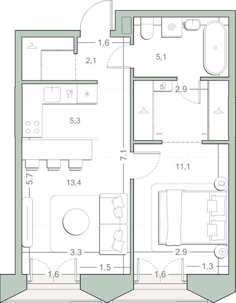 2 ккв (Евро) 44,1 м²