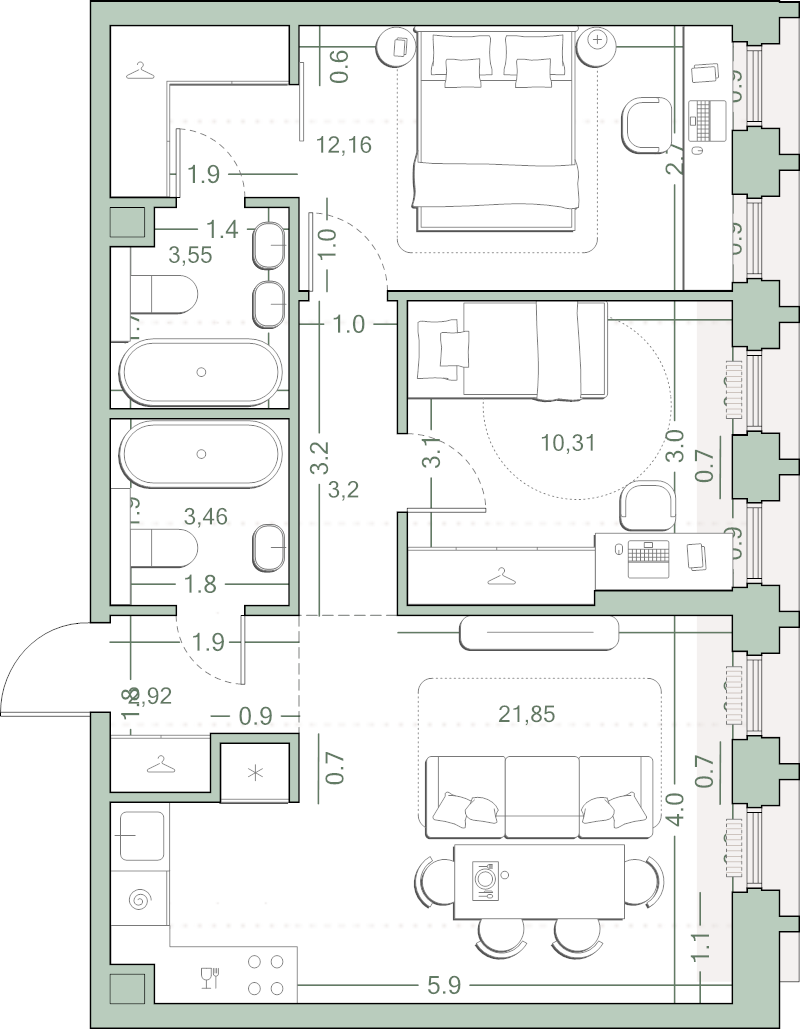 3 ккв (Евро) 60,8 м²
