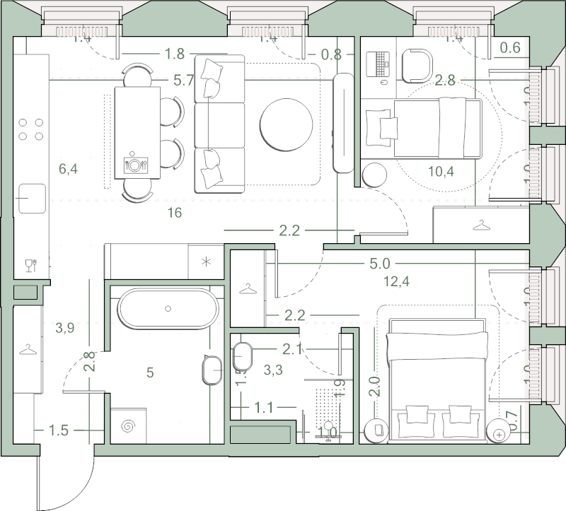 3 ккв (Евро) 57,4 м²