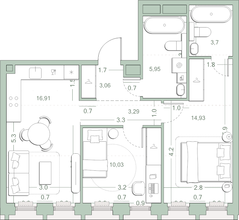 3 ккв (Евро) 57,9 м²