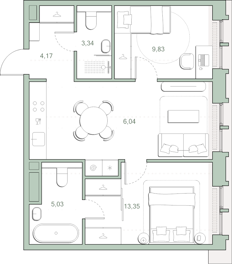 3 ккв (Евро) 55,4 м²