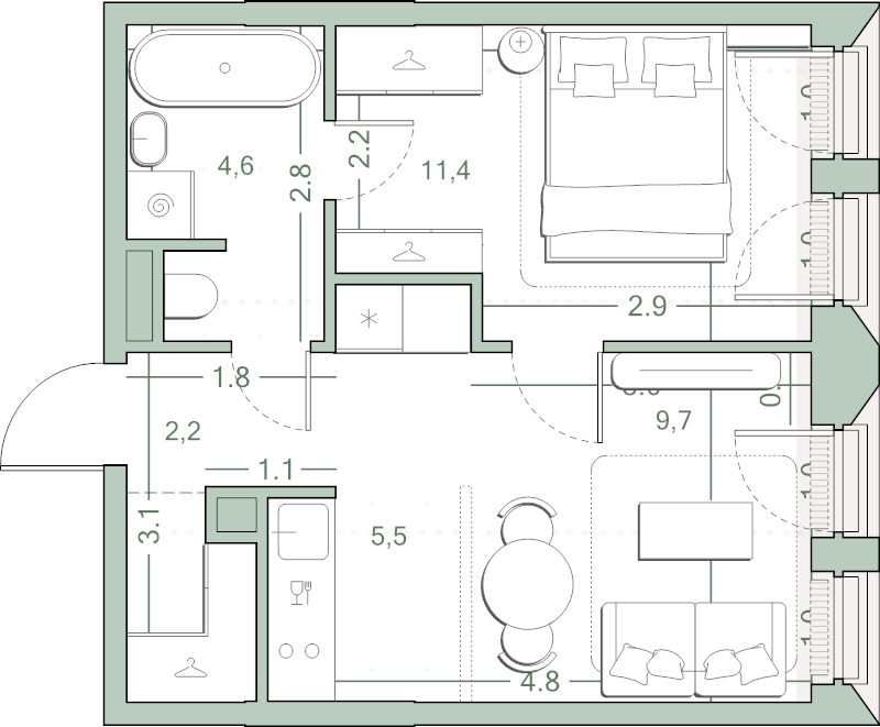 2 ккв (Евро) 35,3 м²