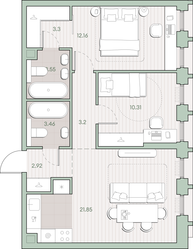 3 ккв (Евро) 60,8 м²