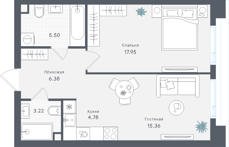 2 ккв (Евро) 53,2 м²