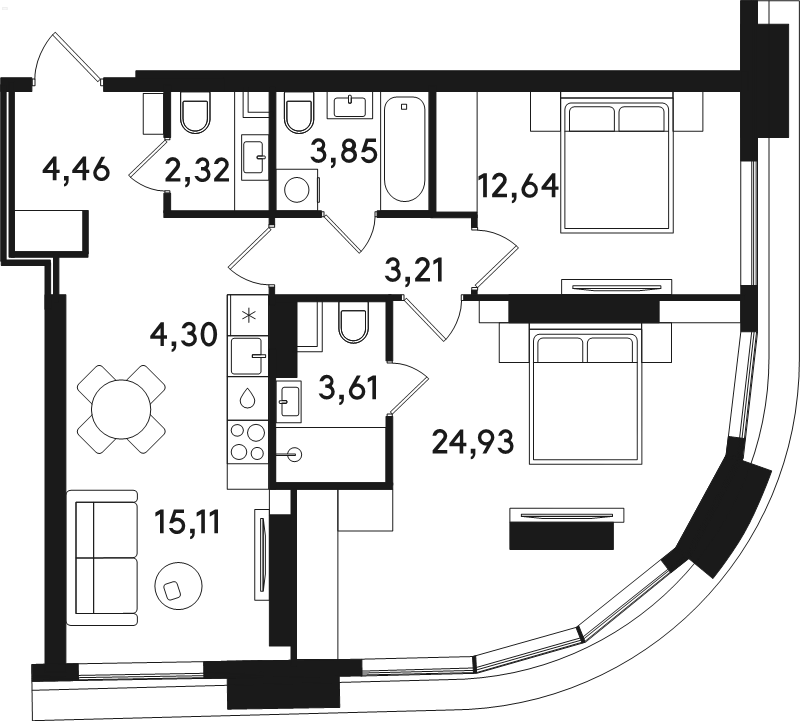 3 ккв (Евро) 74,4 м²