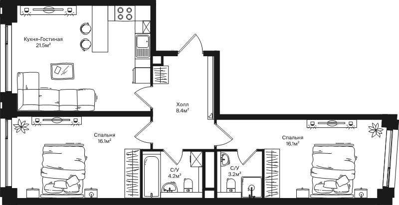 3 ккв (Евро) 69,5 м²