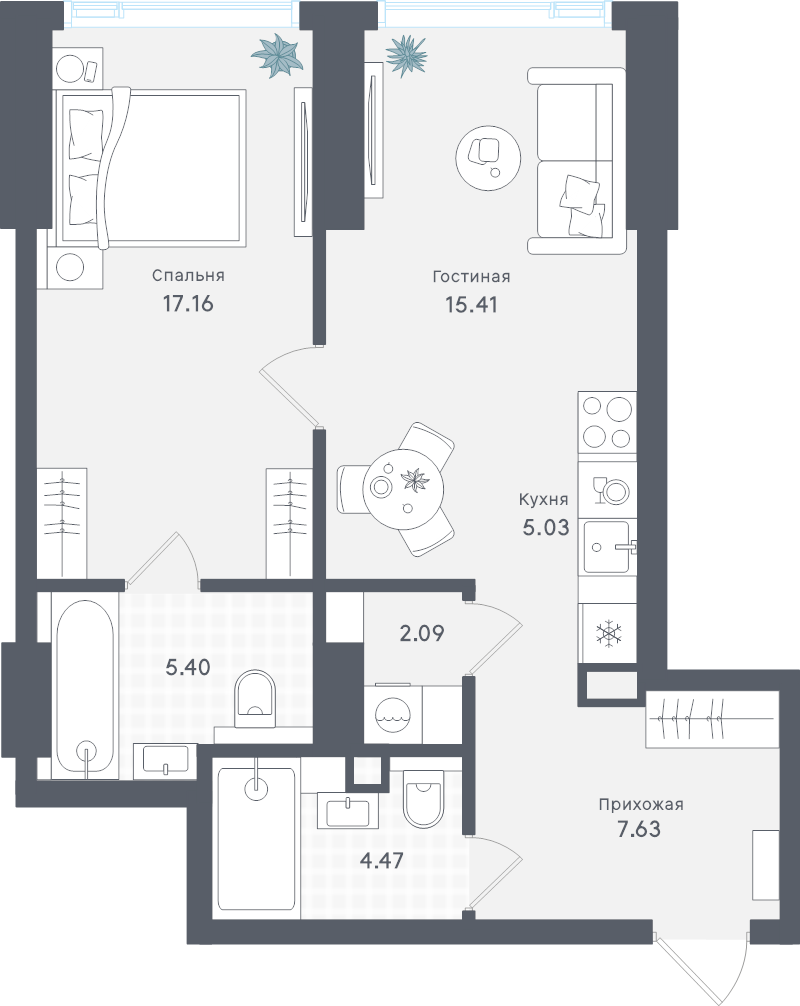 2 ккв (Евро) 57,2 м²