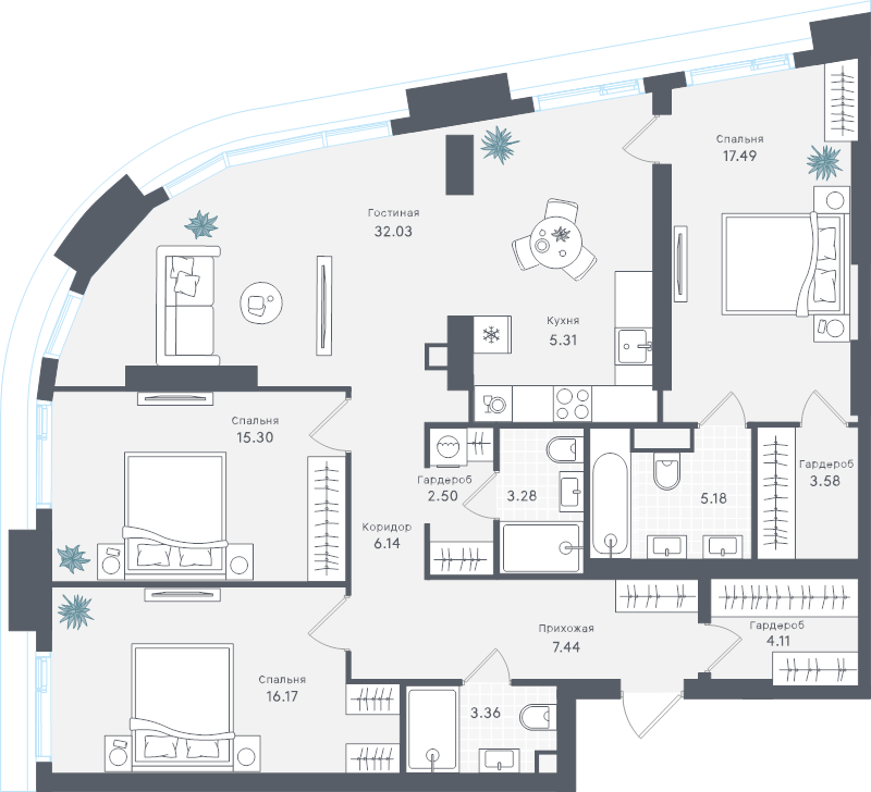 4 ккв (Евро) 121,9 м²