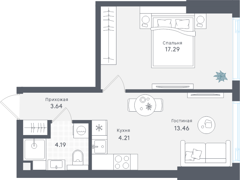 2 ккв (Евро) 42,8 м²