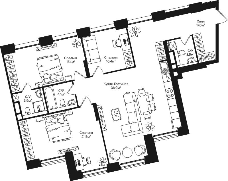 4 ккв (Евро) 115 м²