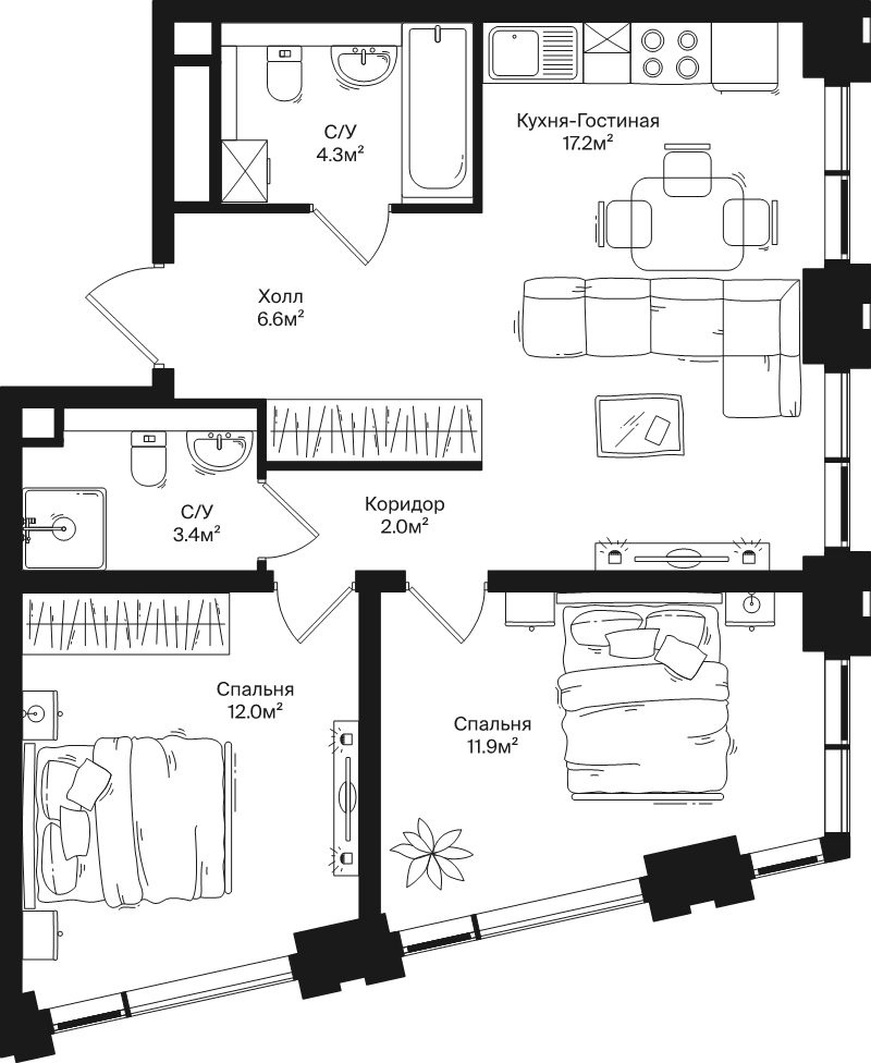 3 ккв (Евро) 57,4 м²