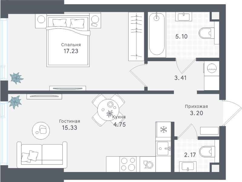 2 ккв (Евро) 51,3 м²