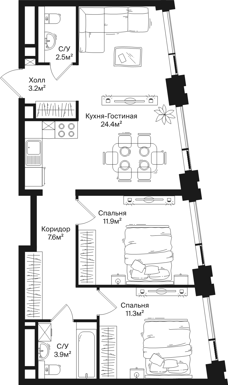 3 ккв (Евро) 64,8 м²