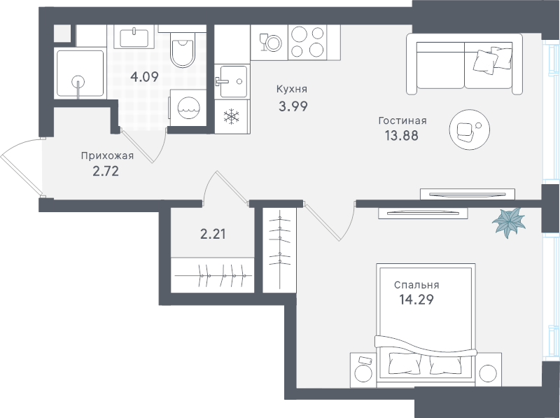 2 ккв (Евро) 41,2 м²