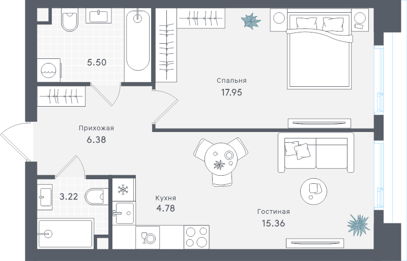 2 ккв (Евро) 53,2 м²