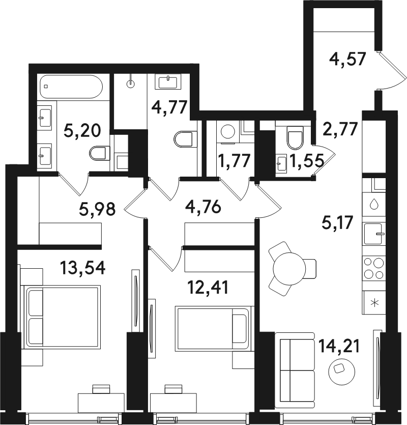 3 ккв (Евро) 76,7 м²