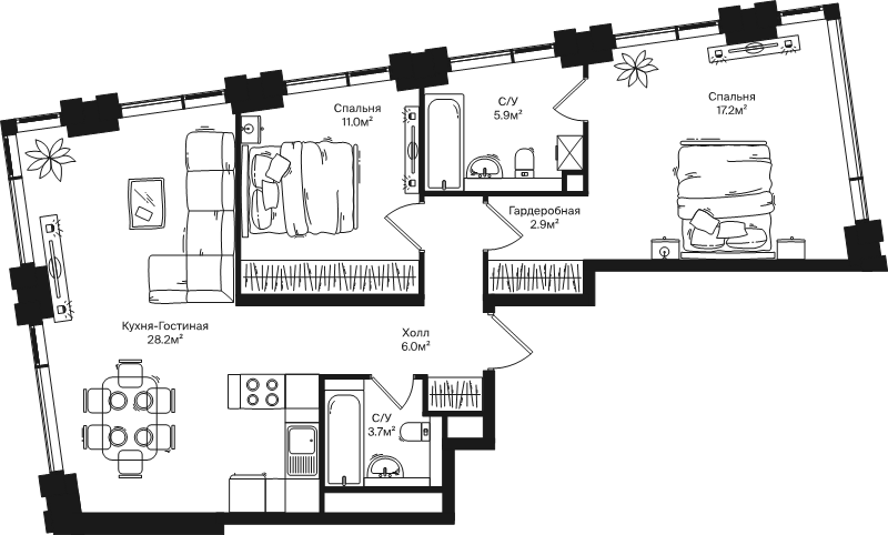 3 ккв (Евро) 74,9 м²