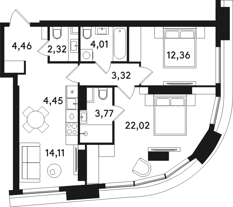 3 ккв (Евро) 70,8 м²