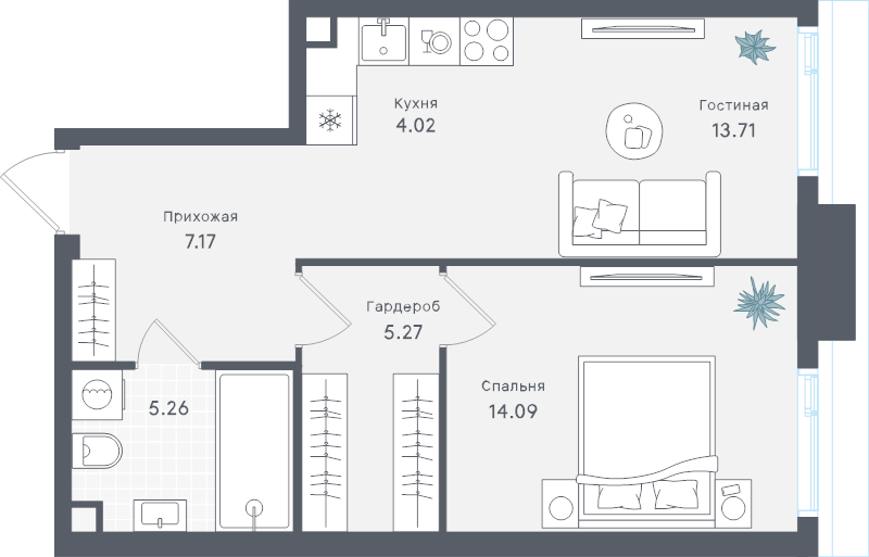 2 ккв (Евро) 49,5 м²