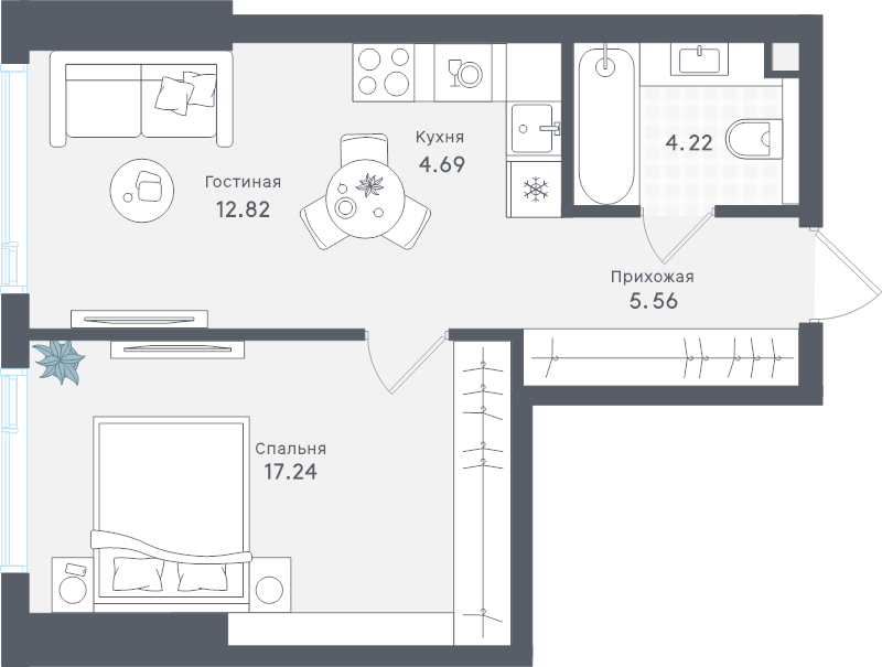 2 ккв (Евро) 44,5 м²