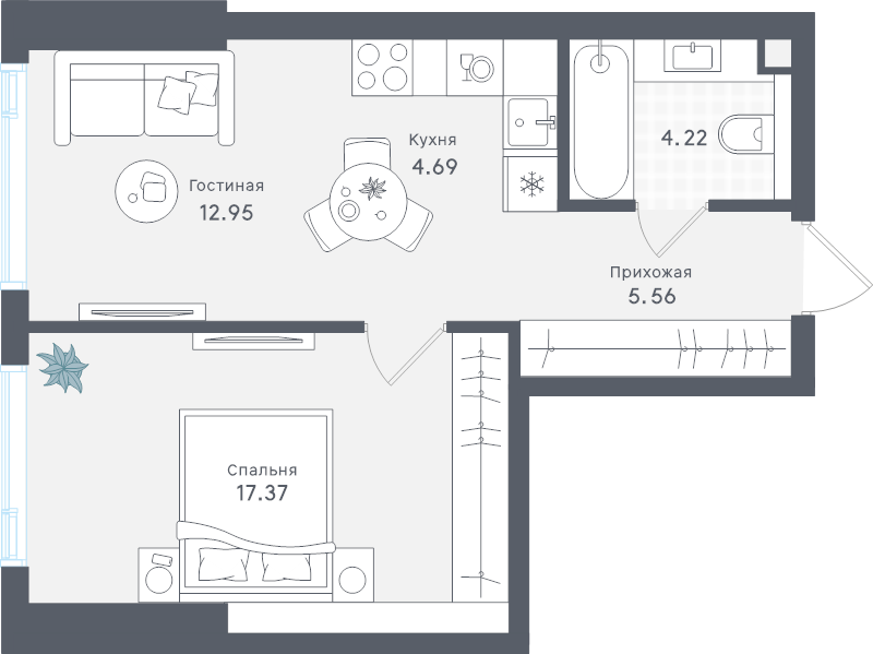 2 ккв (Евро) 44,8 м²