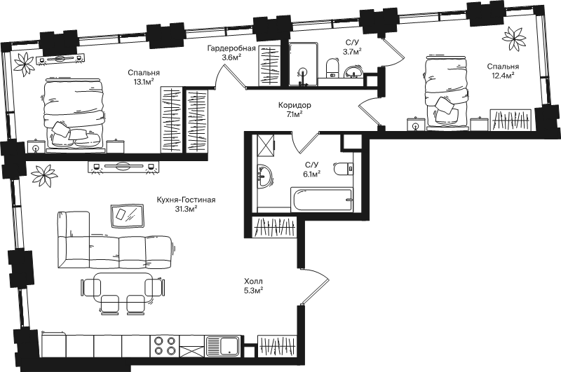 3 ккв (Евро) 82,6 м²