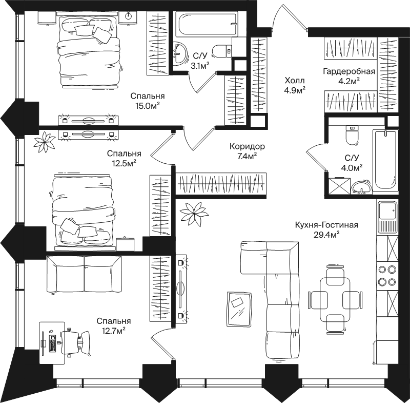 4 ккв (Евро) 93,2 м²
