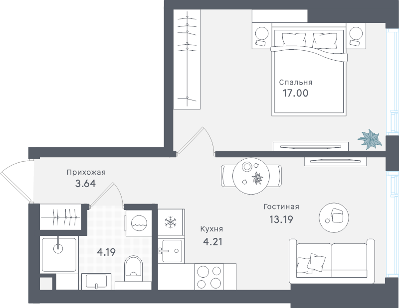 2 ккв (Евро) 42,2 м²