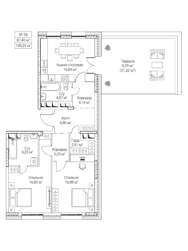 3 ккв (Евро) 87,4 м²