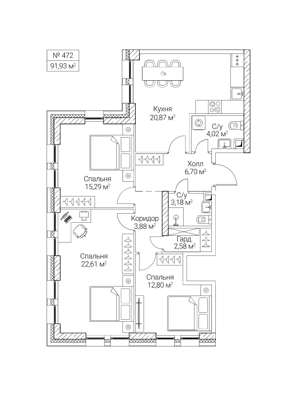 4 ккв (Евро) 91,9 м²