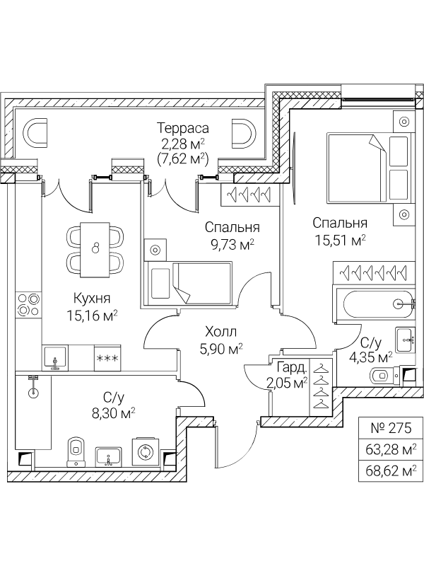 3 ккв (Евро) 63,3 м²