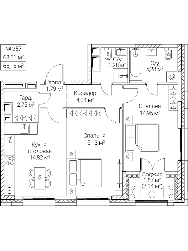3 ккв (Евро) 63,6 м²