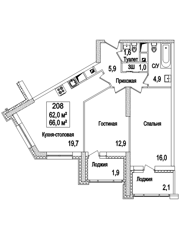 3 ккв (Евро) 66,5 м²