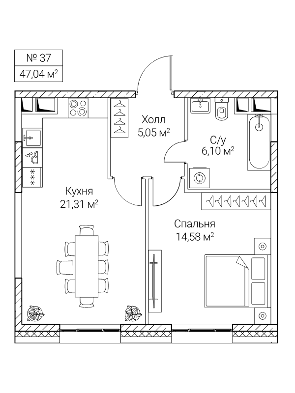 2 ккв (Евро) 47 м²