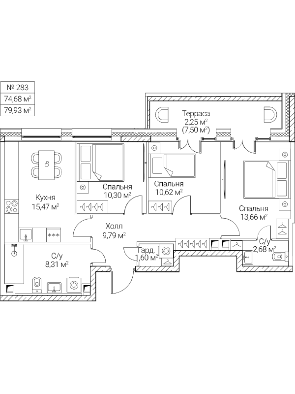 4 ккв (Евро) 74,7 м²