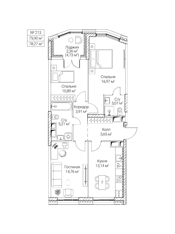 3 ккв 75,9 м²