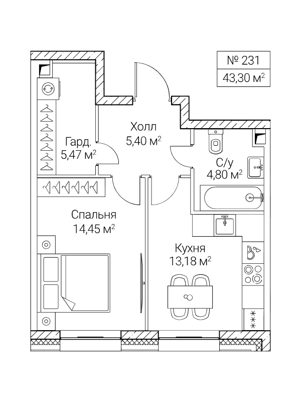 1 ккв 43,3 м²