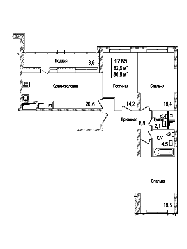 4 ккв (Евро) 87,4 м²