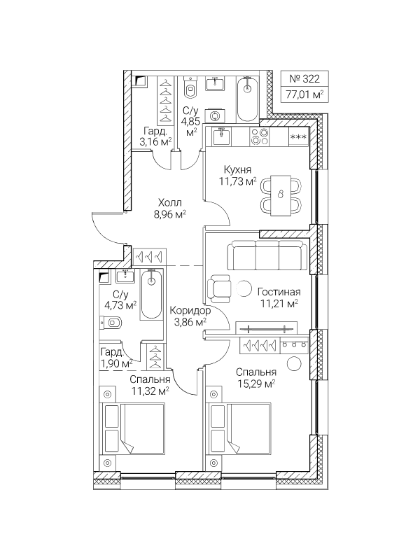 3 ккв 77 м²